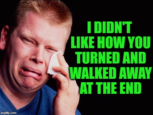 cry | I DIDN'T LIKE HOW YOU TURNED AND WALKED AWAY AT THE END | image tagged in cry | made w/ Imgflip meme maker
