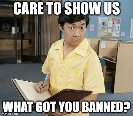 Chow hangover | CARE TO SHOW US; WHAT GOT YOU BANNED? | image tagged in chow hangover | made w/ Imgflip meme maker