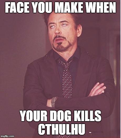 Face You Make Robert Downey Jr Meme | FACE YOU MAKE WHEN; YOUR DOG KILLS CTHULHU | image tagged in memes,face you make robert downey jr | made w/ Imgflip meme maker