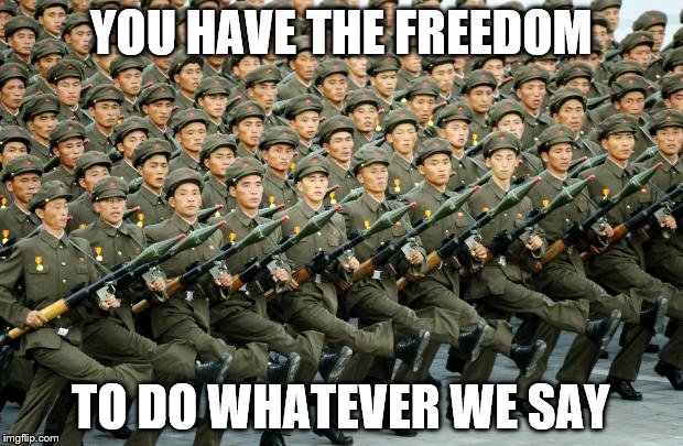 democracy through semantics | YOU HAVE THE FREEDOM; TO DO WHATEVER WE SAY | image tagged in north korean military march | made w/ Imgflip meme maker