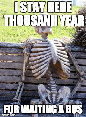 Waiting Skeleton | I STAY HERE THOUSANH YEAR; FOR WAITING A BUS | image tagged in memes,waiting skeleton | made w/ Imgflip meme maker