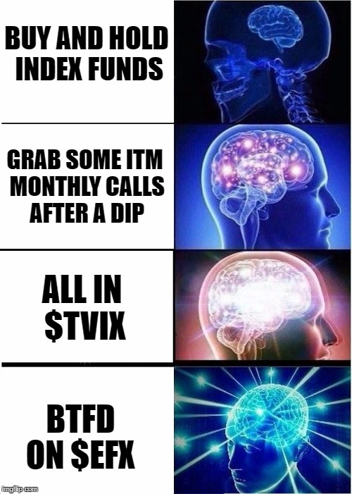 Expanding Brain Meme | BUY AND HOLD INDEX FUNDS; GRAB SOME ITM MONTHLY CALLS AFTER A DIP; ALL IN $TVIX; BTFD ON $EFX | image tagged in expanding brain,wallstreetbets | made w/ Imgflip meme maker