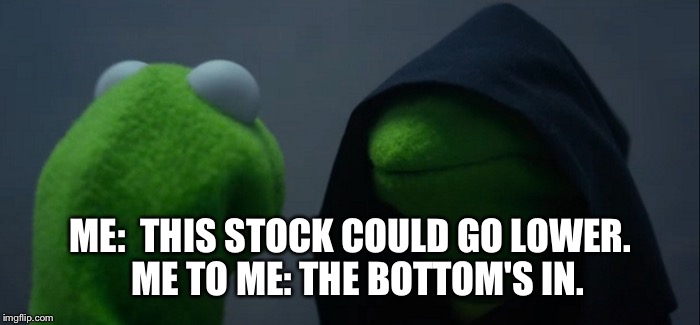 Evil Kermit | ME:  THIS STOCK COULD GO LOWER. 

ME TO ME: THE BOTTOM'S IN. | image tagged in evil kermit | made w/ Imgflip meme maker