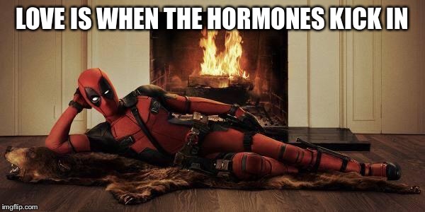 Sexy Deadpool | LOVE IS WHEN THE HORMONES KICK IN | image tagged in sexy deadpool | made w/ Imgflip meme maker