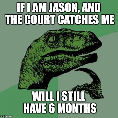 Philosoraptor | IF I AM JASON, AND THE COURT CATCHES ME; WILL I STILL HAVE 6 MONTHS | image tagged in memes,philosoraptor | made w/ Imgflip meme maker