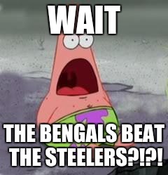 Suprised Patrick | WAIT; THE BENGALS BEAT THE STEELERS?!?! | image tagged in suprised patrick | made w/ Imgflip meme maker