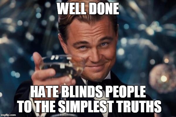 Leonardo Dicaprio Cheers Meme | WELL DONE; HATE BLINDS PEOPLE TO THE SIMPLEST TRUTHS | image tagged in memes,leonardo dicaprio cheers | made w/ Imgflip meme maker