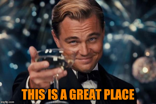 Leonardo Dicaprio Cheers Meme | THIS IS A GREAT PLACE | image tagged in memes,leonardo dicaprio cheers | made w/ Imgflip meme maker