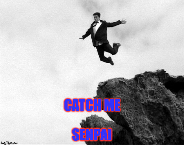 Senpai? | CATCH ME; SENPAI | image tagged in man jumping off a cliff,senpai | made w/ Imgflip meme maker