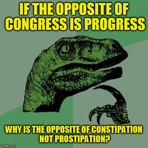 Another crappy meme by yours truly | IF THE OPPOSITE OF CONGRESS IS PROGRESS; WHY IS THE OPPOSITE OF CONSTIPATION NOT PROSTIPATION? | image tagged in memes,philosoraptor | made w/ Imgflip meme maker