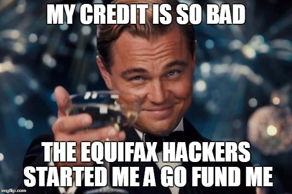 Leonardo Dicaprio Cheers Meme | MY CREDIT IS SO BAD; THE EQUIFAX HACKERS STARTED ME A GO FUND ME | image tagged in memes,leonardo dicaprio cheers | made w/ Imgflip meme maker