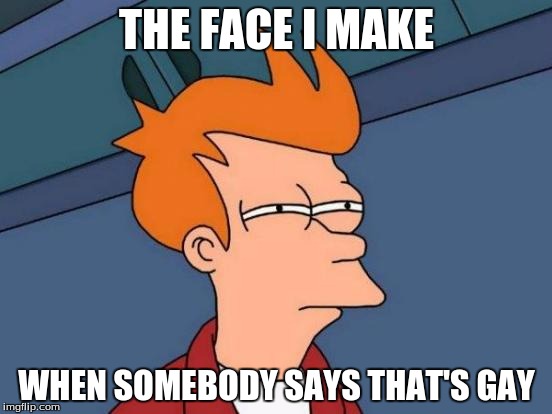 Futurama Fry | THE FACE I MAKE; WHEN SOMEBODY SAYS THAT'S GAY | image tagged in memes,futurama fry | made w/ Imgflip meme maker