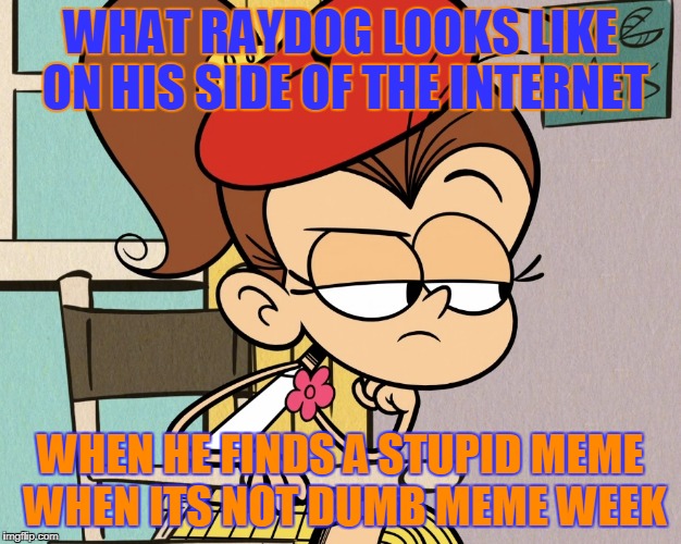 Luan unimpressed | WHAT RAYDOG LOOKS LIKE ON HIS SIDE OF THE INTERNET; WHEN HE FINDS A STUPID MEME WHEN ITS NOT DUMB MEME WEEK | image tagged in luan unimpressed | made w/ Imgflip meme maker
