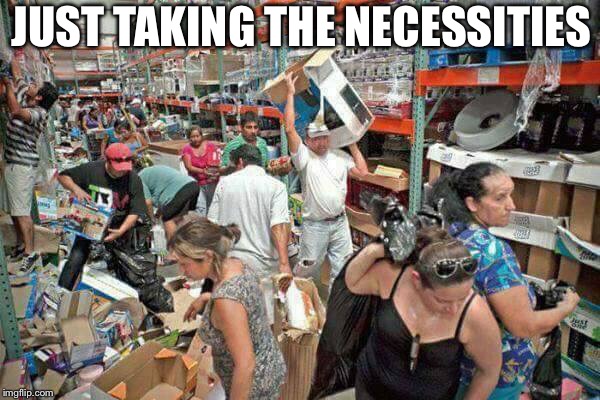 The Necessities | JUST TAKING THE NECESSITIES | image tagged in looters,white,store,hurricane irma,hurricane harvey | made w/ Imgflip meme maker