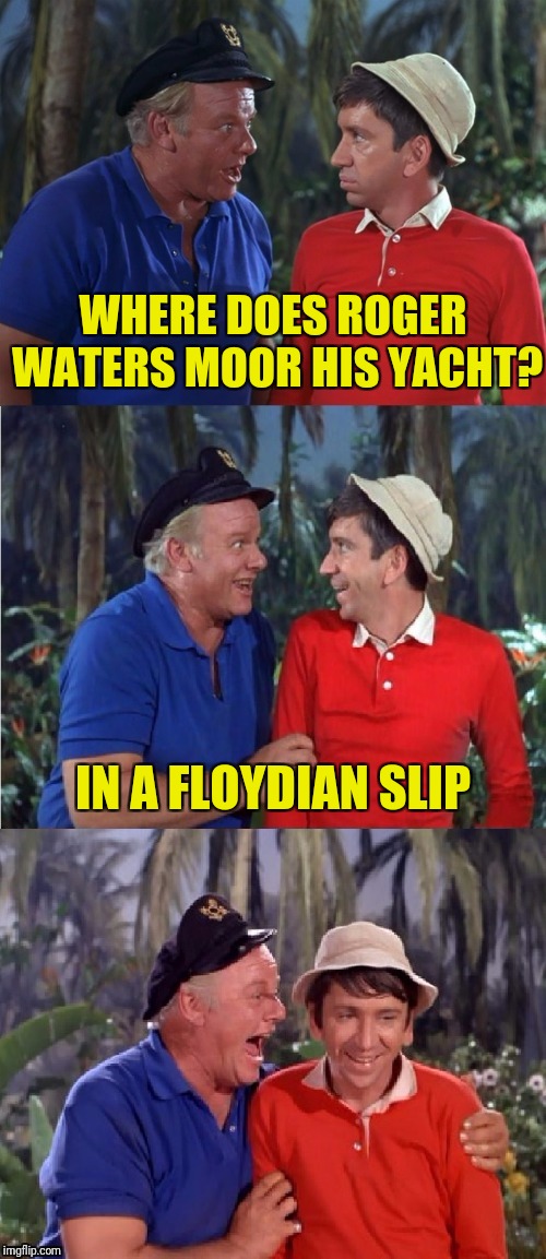 The lunatic is in my bed...I mean head...HEAD! | WHERE DOES ROGER WATERS MOOR HIS YACHT? IN A FLOYDIAN SLIP | image tagged in bad pun skipper,gilligan,pink floyd,roger waters | made w/ Imgflip meme maker