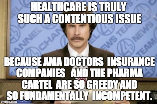 Ron Burgundy Meme | HEALTHCARE IS TRULY SUCH A CONTENTIOUS ISSUE; BECAUSE AMA DOCTORS  INSURANCE COMPANIES   AND THE PHARMA CARTEL  ARE SO GREEDY AND SO FUNDAMENTALLY  INCOMPETENT. | image tagged in memes,ron burgundy | made w/ Imgflip meme maker