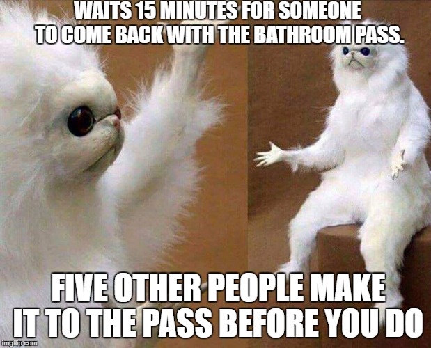 WAITS 15 MINUTES FOR SOMEONE TO COME BACK WITH THE BATHROOM PASS. FIVE OTHER PEOPLE MAKE IT TO THE PASS BEFORE YOU DO | made w/ Imgflip meme maker