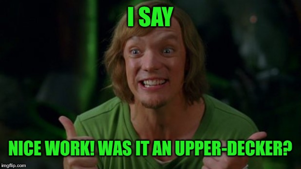 Shaggy 3 | I SAY NICE WORK! WAS IT AN UPPER-DECKER? | image tagged in shaggy 3 | made w/ Imgflip meme maker