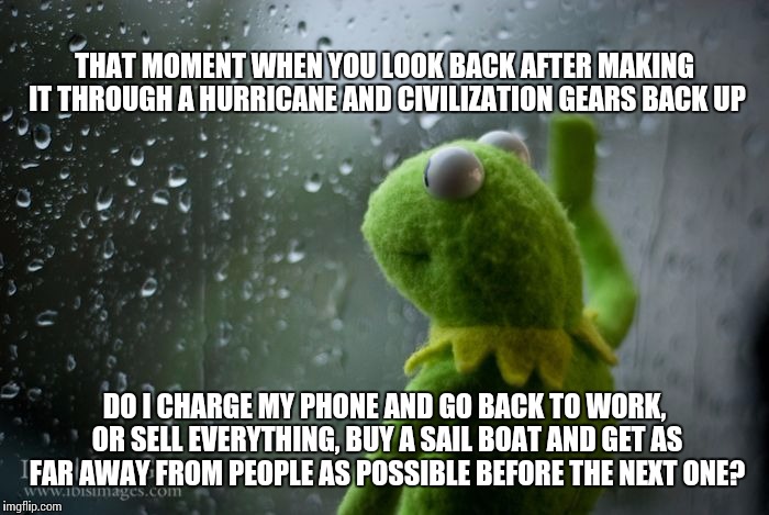 Hurricane Of Truth | THAT MOMENT WHEN YOU LOOK BACK AFTER MAKING IT THROUGH A HURRICANE AND CIVILIZATION GEARS BACK UP; DO I CHARGE MY PHONE AND GO BACK TO WORK, OR SELL EVERYTHING, BUY A SAIL BOAT AND GET AS FAR AWAY FROM PEOPLE AS POSSIBLE BEFORE THE NEXT ONE? | image tagged in kermit window,meanwhile in florida,tyler durden,i'm the captain now,quarter-life crisis,decisions decisions | made w/ Imgflip meme maker