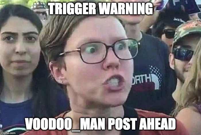 Triggered Liberal | TRIGGER WARNING; VOODOO_MAN POST AHEAD | image tagged in triggered liberal | made w/ Imgflip meme maker