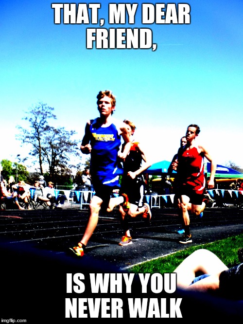 joe | THAT, MY DEAR FRIEND, IS WHY YOU NEVER WALK | image tagged in joe | made w/ Imgflip meme maker