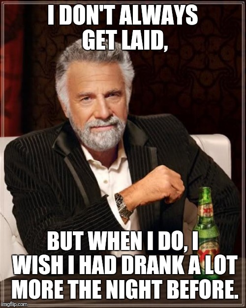The Most Interesting Man In The World | I DON'T ALWAYS GET LAID, BUT WHEN I DO, I WISH I HAD DRANK A LOT MORE THE NIGHT BEFORE. | image tagged in memes,the most interesting man in the world | made w/ Imgflip meme maker