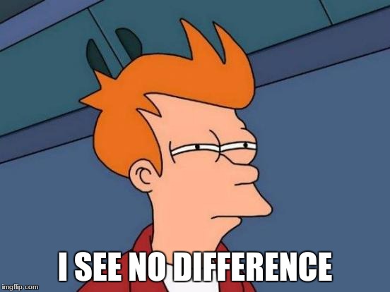 Futurama Fry Meme | I SEE NO DIFFERENCE | image tagged in memes,futurama fry | made w/ Imgflip meme maker
