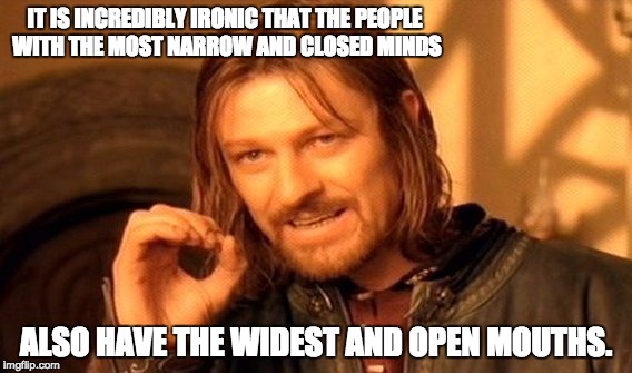 One Does Not Simply | IT IS INCREDIBLY IRONIC THAT THE PEOPLE WITH THE MOST NARROW AND CLOSED MINDS; ALSO HAVE THE WIDEST AND OPEN MOUTHS. | image tagged in memes,one does not simply | made w/ Imgflip meme maker