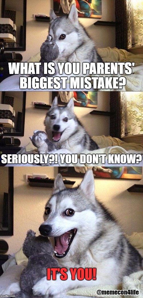 Bad Pun Dog | WHAT IS YOU PARENTS' BIGGEST MISTAKE? SERIOUSLY?! YOU DON'T KNOW? IT'S YOU! @memecon4life | image tagged in memes,bad pun dog | made w/ Imgflip meme maker