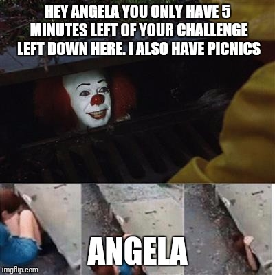 pennywise in sewer | HEY ANGELA YOU ONLY HAVE 5 MINUTES LEFT OF YOUR CHALLENGE LEFT DOWN HERE. I ALSO HAVE PICNICS; ANGELA | image tagged in pennywise in sewer | made w/ Imgflip meme maker
