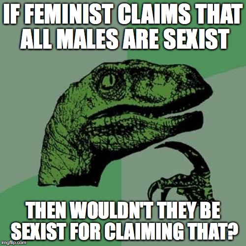 Philosoraptor Meme | IF FEMINIST CLAIMS THAT ALL MALES ARE SEXIST; THEN WOULDN'T THEY BE SEXIST FOR CLAIMING THAT? | image tagged in memes,philosoraptor | made w/ Imgflip meme maker