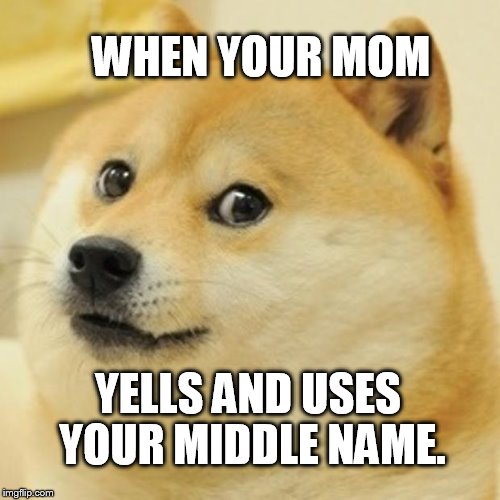 Doge Meme | WHEN YOUR MOM; YELLS AND USES YOUR MIDDLE NAME. | image tagged in memes,doge | made w/ Imgflip meme maker