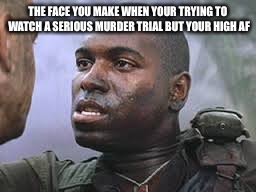 Bubba Gump | THE FACE YOU MAKE WHEN YOUR TRYING TO WATCH A SERIOUS MURDER TRIAL BUT YOUR HIGH AF | image tagged in bubba gump | made w/ Imgflip meme maker