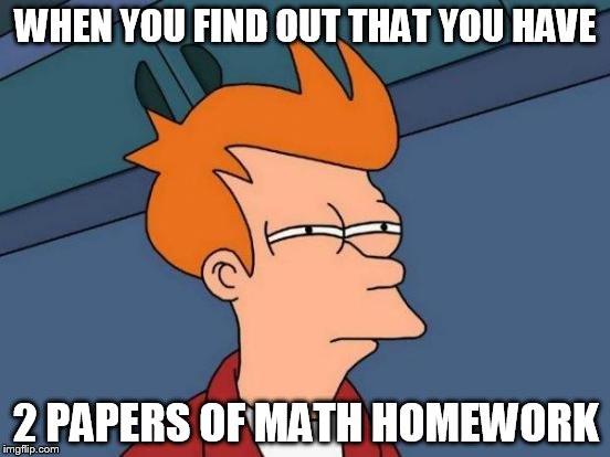 Futurama Fry Meme | WHEN YOU FIND OUT THAT YOU HAVE; 2 PAPERS OF MATH HOMEWORK | image tagged in memes,futurama fry | made w/ Imgflip meme maker