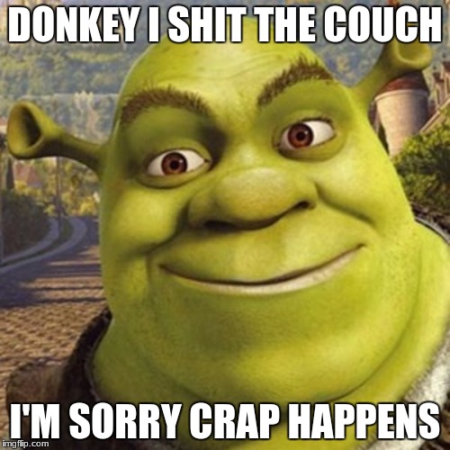 SHERK | DONKEY I SHIT THE COUCH; I'M SORRY CRAP HAPPENS | image tagged in sherk | made w/ Imgflip meme maker