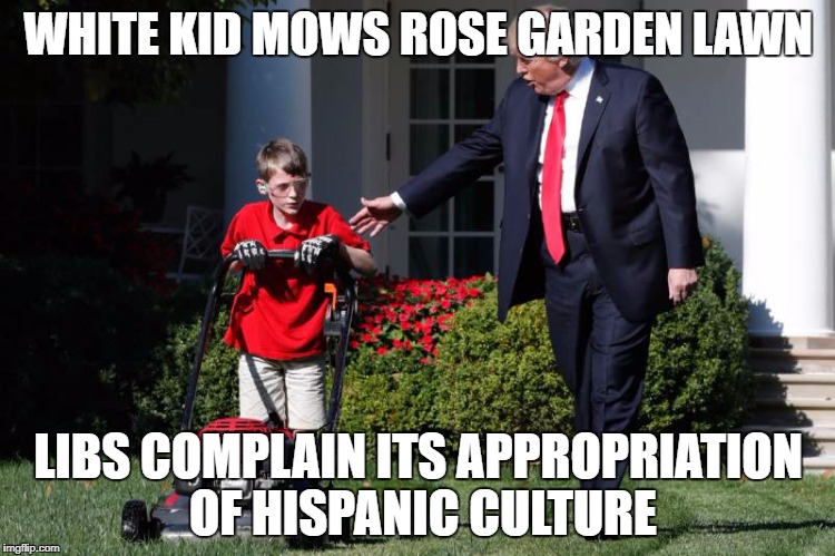Appropriation of Hispanic Culture by White Kid | WHITE KID MOWS ROSE GARDEN LAWN; LIBS COMPLAIN ITS APPROPRIATION OF HISPANIC CULTURE | image tagged in mexican,cultural appropriation,white house,liberal logic | made w/ Imgflip meme maker