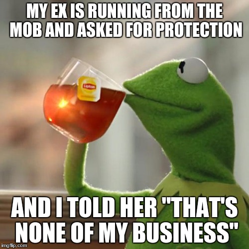 But That's None Of My Business Meme | MY EX IS RUNNING FROM THE MOB AND ASKED FOR PROTECTION; AND I TOLD HER "THAT'S NONE OF MY BUSINESS" | image tagged in memes,but thats none of my business,kermit the frog | made w/ Imgflip meme maker