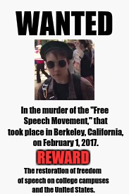 Anti-ANTIFA Wanted Poster | WANTED; In the murder of the "Free Speech Movement," that took place in Berkeley, California, on February 1, 2017. REWARD; The restoration of freedom of speech on college campuses and the United States. | image tagged in white blank,wanted poster,berkeley | made w/ Imgflip meme maker