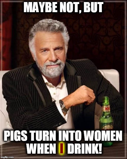 The Most Interesting Man In The World Meme | MAYBE NOT, BUT PIGS TURN INTO WOMEN WHEN     DRINK! I | image tagged in memes,the most interesting man in the world | made w/ Imgflip meme maker