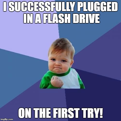 Success Kid Meme | I SUCCESSFULLY PLUGGED IN A FLASH DRIVE; ON THE FIRST TRY! | image tagged in memes,success kid | made w/ Imgflip meme maker