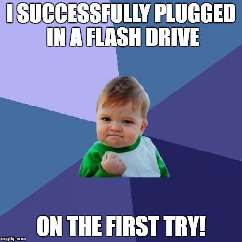Success Kid | I SUCCESSFULLY PLUGGED IN A FLASH DRIVE; ON THE FIRST TRY! | image tagged in memes,success kid | made w/ Imgflip meme maker