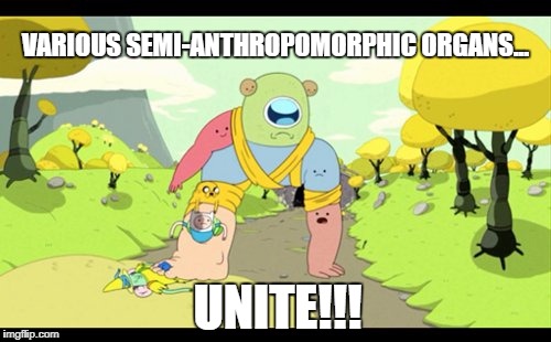 VARIOUS SEMI-ANTHROPOMORPHIC ORGANS... UNITE!!! | image tagged in adventure time,monster pulse,combine,unite | made w/ Imgflip meme maker