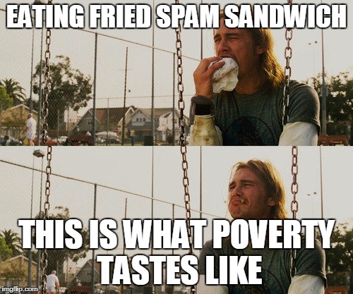 First World Stoner Problems | EATING FRIED SPAM SANDWICH; THIS IS WHAT POVERTY TASTES LIKE | image tagged in memes,first world stoner problems | made w/ Imgflip meme maker