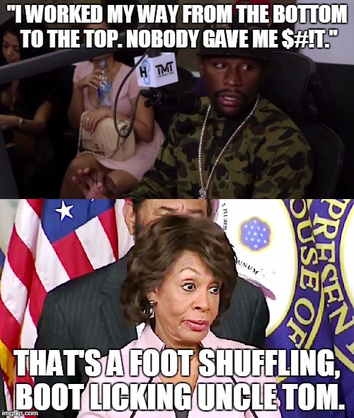 Mayweather Gets Political: Disses Leftist Protesters, Ungrateful Immigrants | "I WORKED MY WAY FROM THE BOTTOM TO THE TOP. NOBODY GAVE ME $#!T."; THAT'S A FOOT SHUFFLING, BOOT LICKING UNCLE TOM. | image tagged in floyd mayweather,maxine answers questions,maxine waters,racist,memes | made w/ Imgflip meme maker