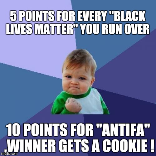 Success Kid Meme | 5 POINTS FOR EVERY "BLACK LIVES MATTER" YOU RUN OVER 10 POINTS FOR "ANTIFA" ,WINNER GETS A COOKIE ! | image tagged in memes,success kid | made w/ Imgflip meme maker