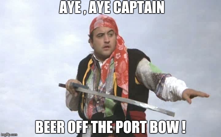 Always be on the lookout | AYE , AYE CAPTAIN; BEER OFF THE PORT BOW ! | image tagged in pirate belushi,cold beer here,heres johnny | made w/ Imgflip meme maker