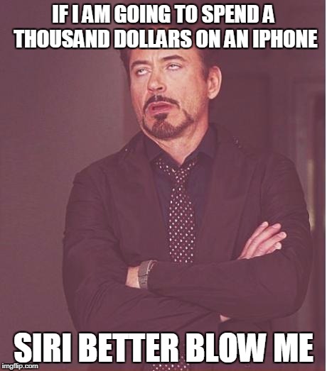 Face You Make Robert Downey Jr Meme | IF I AM GOING TO SPEND A THOUSAND DOLLARS ON AN IPHONE; SIRI BETTER BLOW ME | image tagged in memes,face you make robert downey jr | made w/ Imgflip meme maker