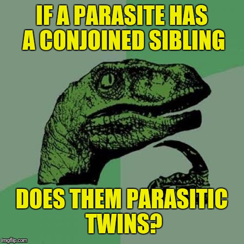 Philosoraptor Meme | IF A PARASITE HAS A CONJOINED SIBLING; DOES THEM PARASITIC TWINS? | image tagged in memes,philosoraptor | made w/ Imgflip meme maker