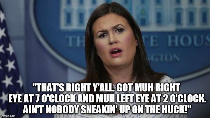 The Huckster | "THAT'S RIGHT Y'ALL. GOT MUH RIGHT EYE AT 7 O'CLOCK AND MUH LEFT EYE AT 2 O'CLOCK. AIN'T NOBODY SNEAKIN' UP ON THE HUCK!" | image tagged in sarah huckabee sanders,lazy eye,7 o'clock,2 oclock,the huck,funny | made w/ Imgflip meme maker