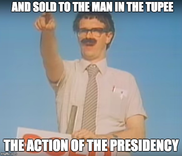Sold to the____in____ | AND SOLD TO THE MAN IN THE TUPEE; THE ACTION OF THE PRESIDENCY | image tagged in funny memes,donald trump | made w/ Imgflip meme maker